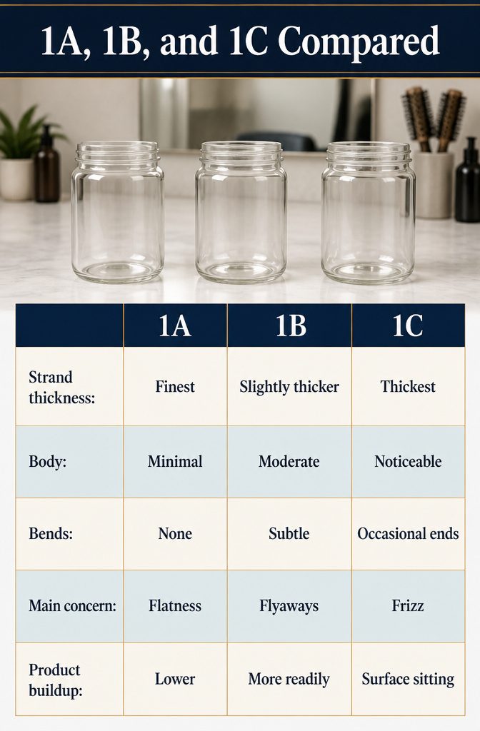 Comparison chart of 1A 1B and 1C straight hair textures