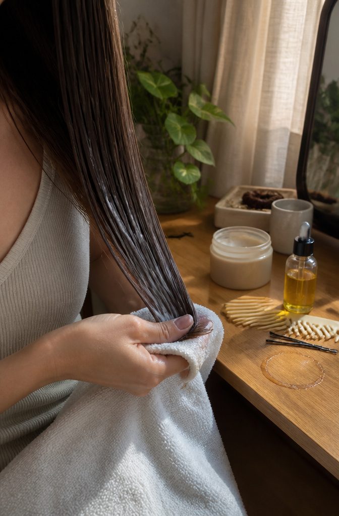 Conditioner applied to mid-lengths and ends of straight fine hair