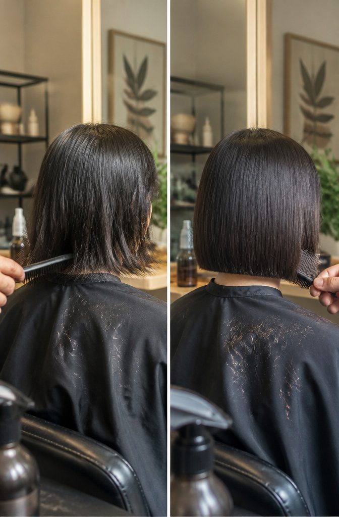 Blunt bob haircut on straight fine hair with clean perimeter