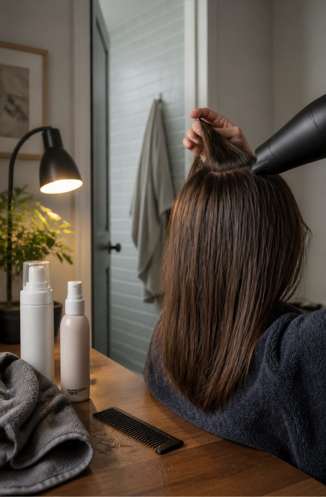 Volumizing mousse and blow-dry spray beside towel-dried fine hair