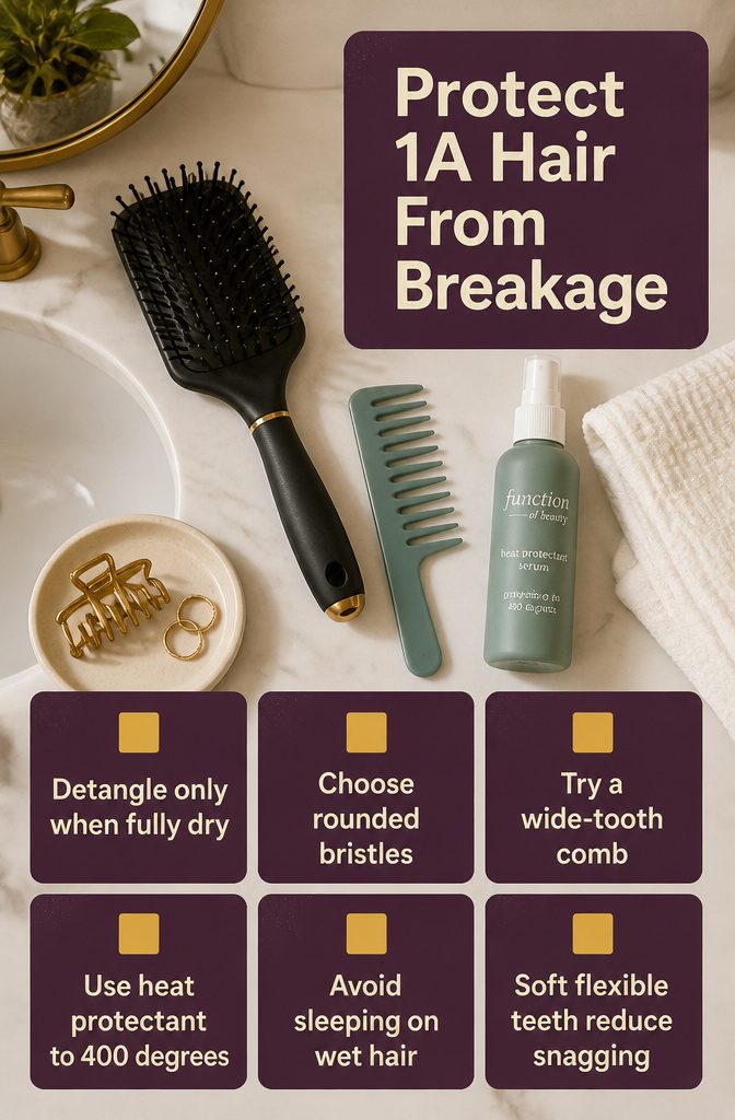 Brush and wide-tooth comb beside fine straight hair strands