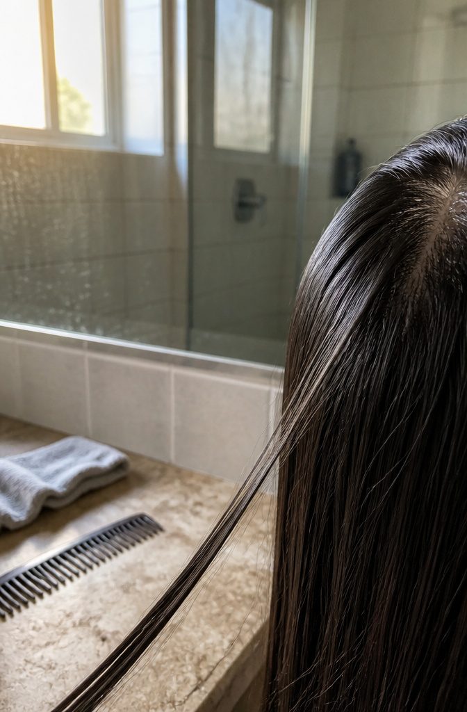 Straight hair strand showing oil moving from roots to ends