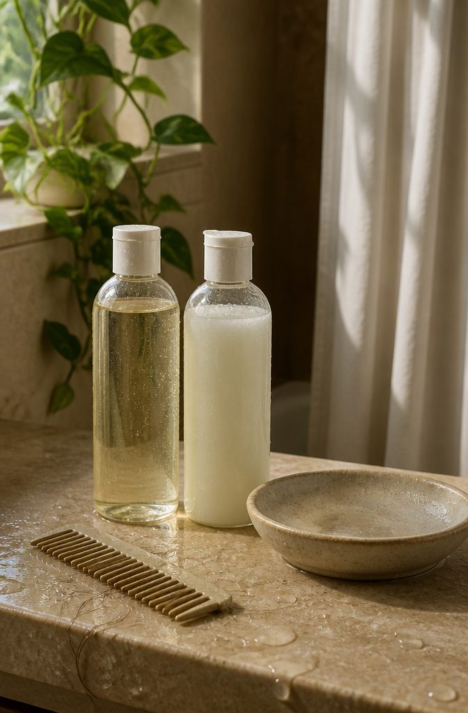 Two translucent bottles beside a shallow ceramic dish