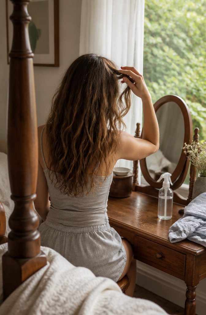 2A hair being misted and scrunched to refresh loose waves