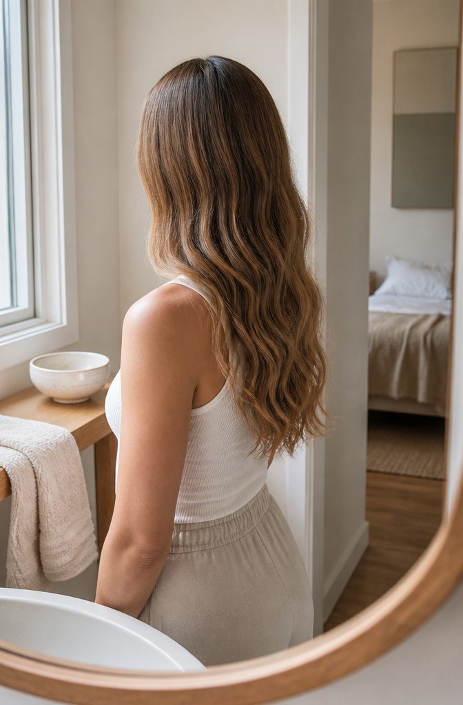Fine hair with nearly straight roots and loose S-waves through the ends