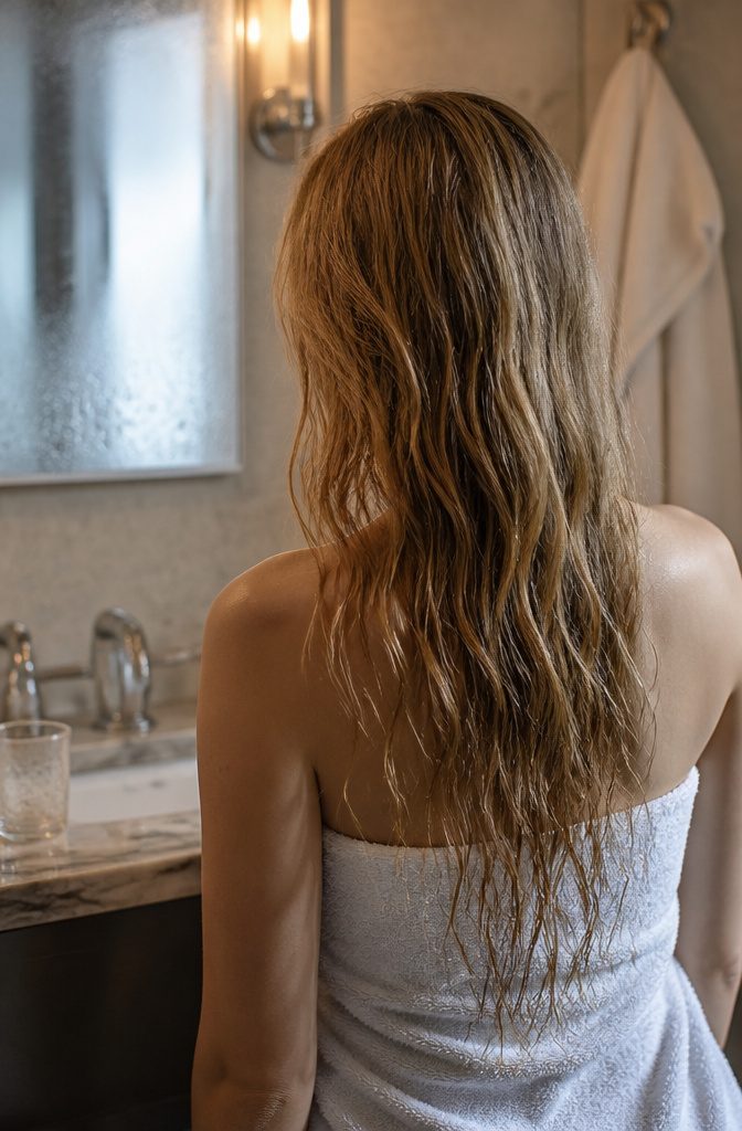 Wavy hair with flat roots and separated frizzy ends