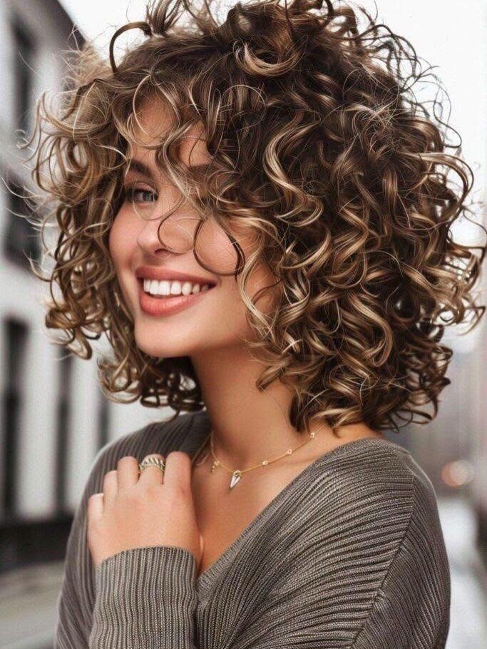 Woman smiling with defined, voluminous brown curls and lighter highlights