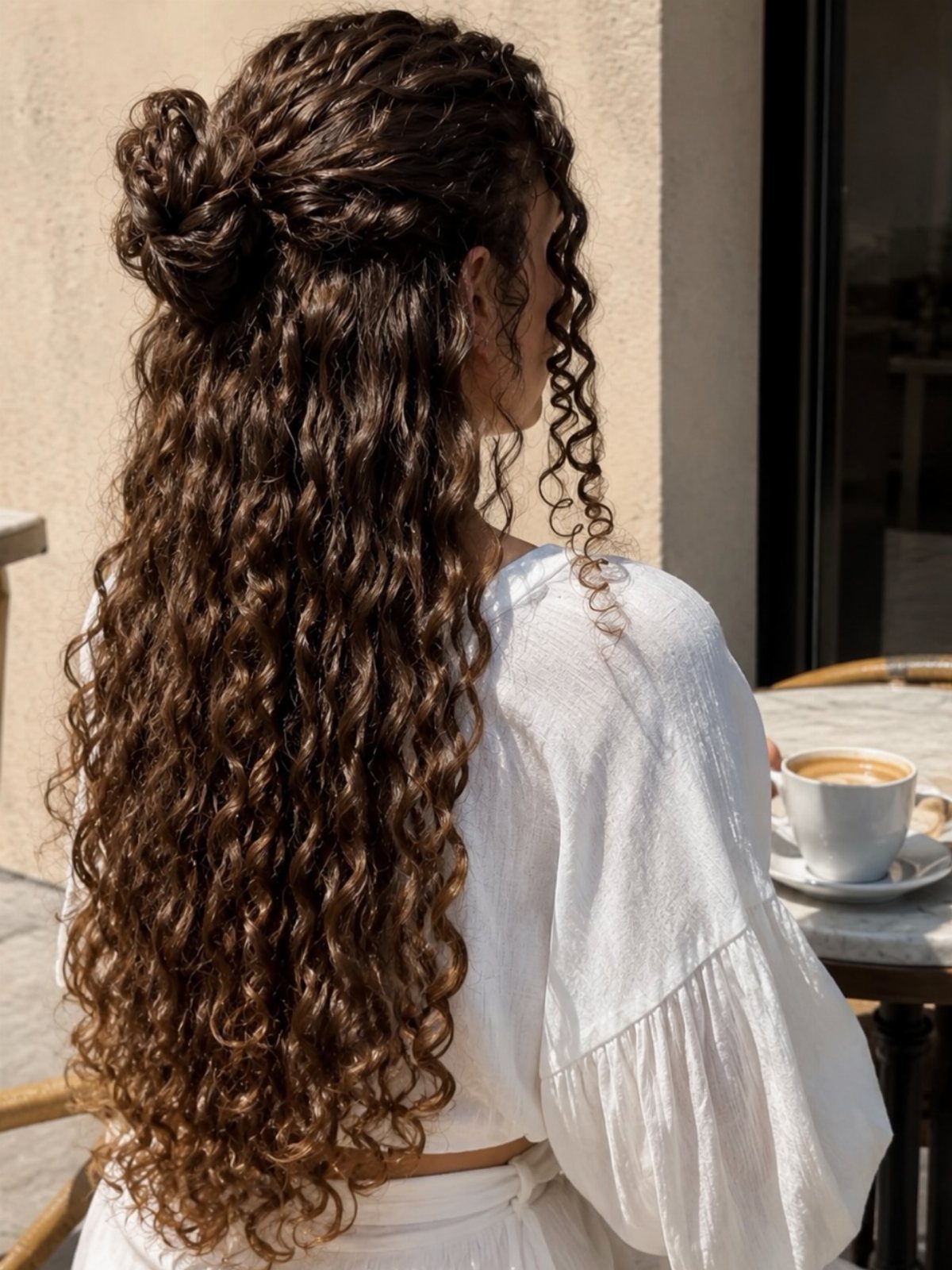 Long dark curls gathered loosely at the back over a white blouse