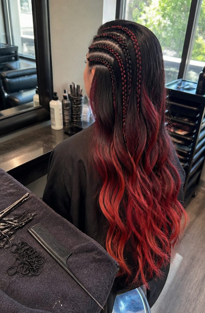 Long vivid-colored hair with side cornrows and loose waves