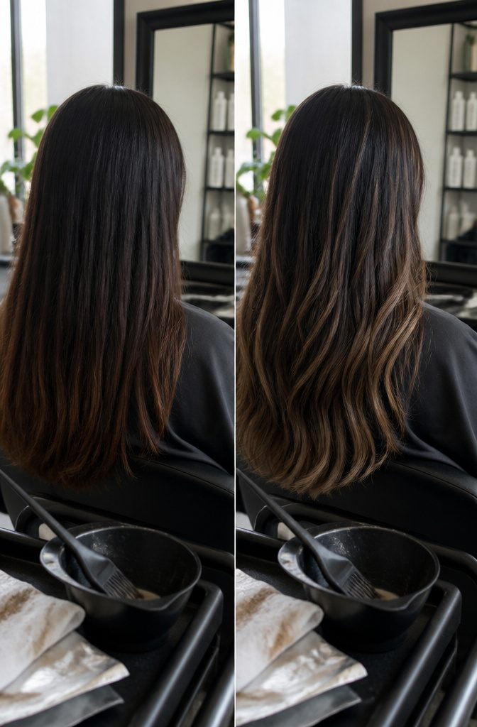 Long Asian hair with subtle highlights woven through dark lengths