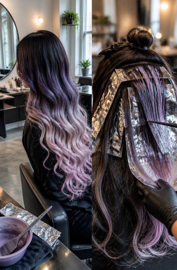 Long curled hair fading from black to purple blonde and lavender pink