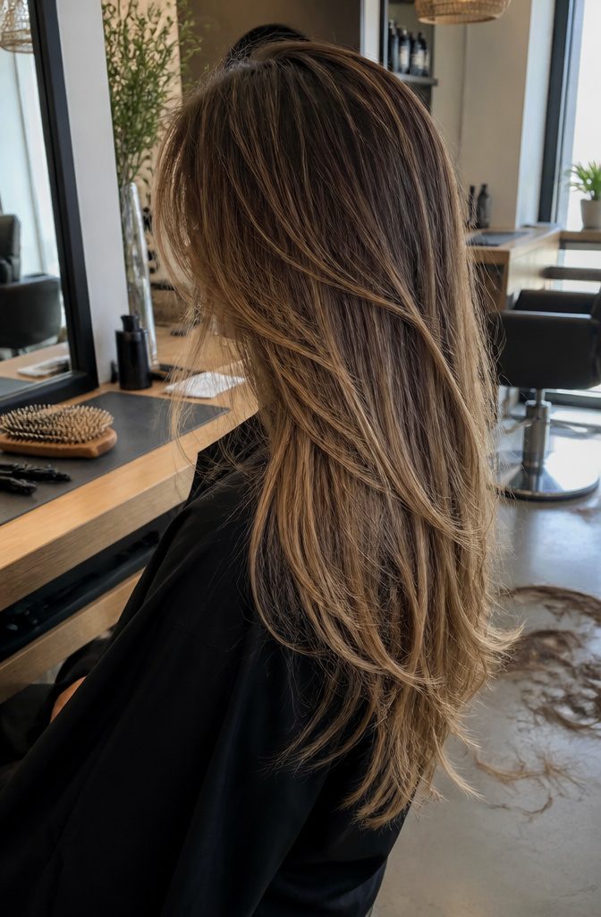 Long layered hair with side-swept bangs and beige balayage