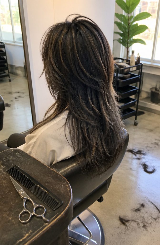 Long shag haircut with separated crown layers and full-length back