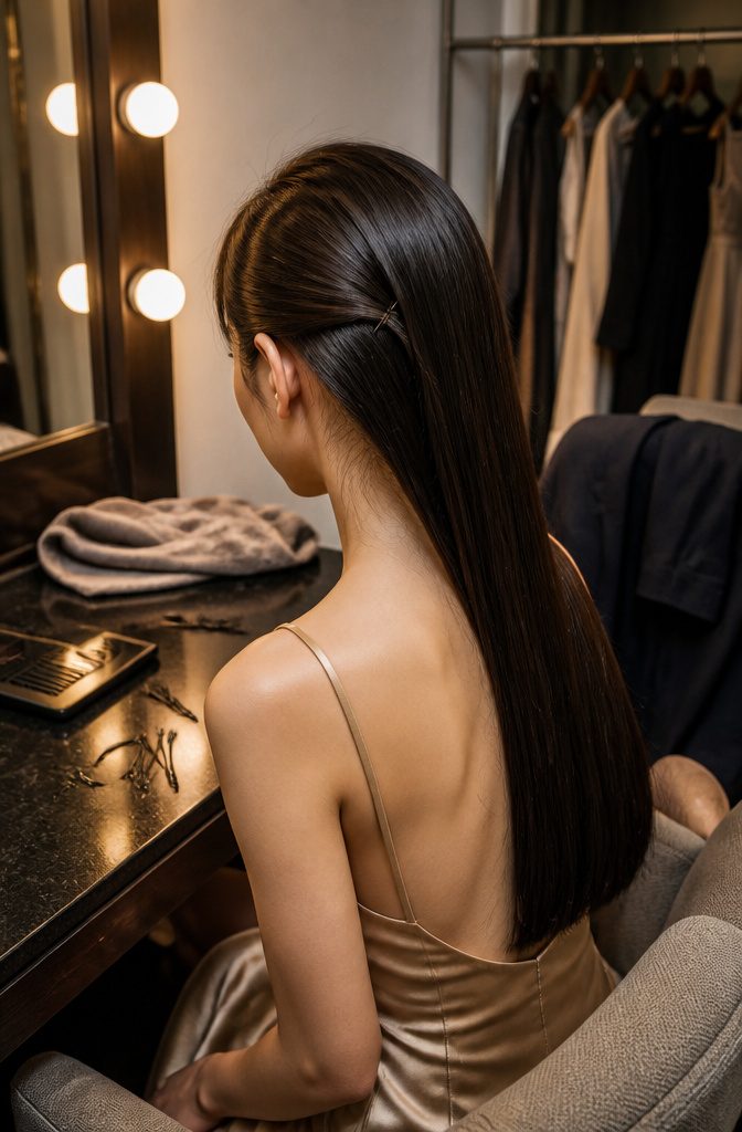 Long straight hair deeply side-parted with one side tucked behind an ear