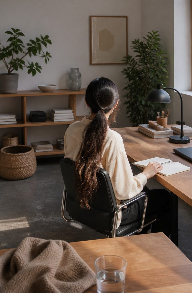 Long dark hair gathered into a low ponytail at the nape