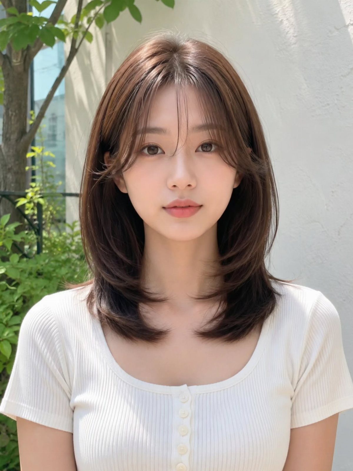 Woman with center-parted bangs and softly layered, curved dark hair