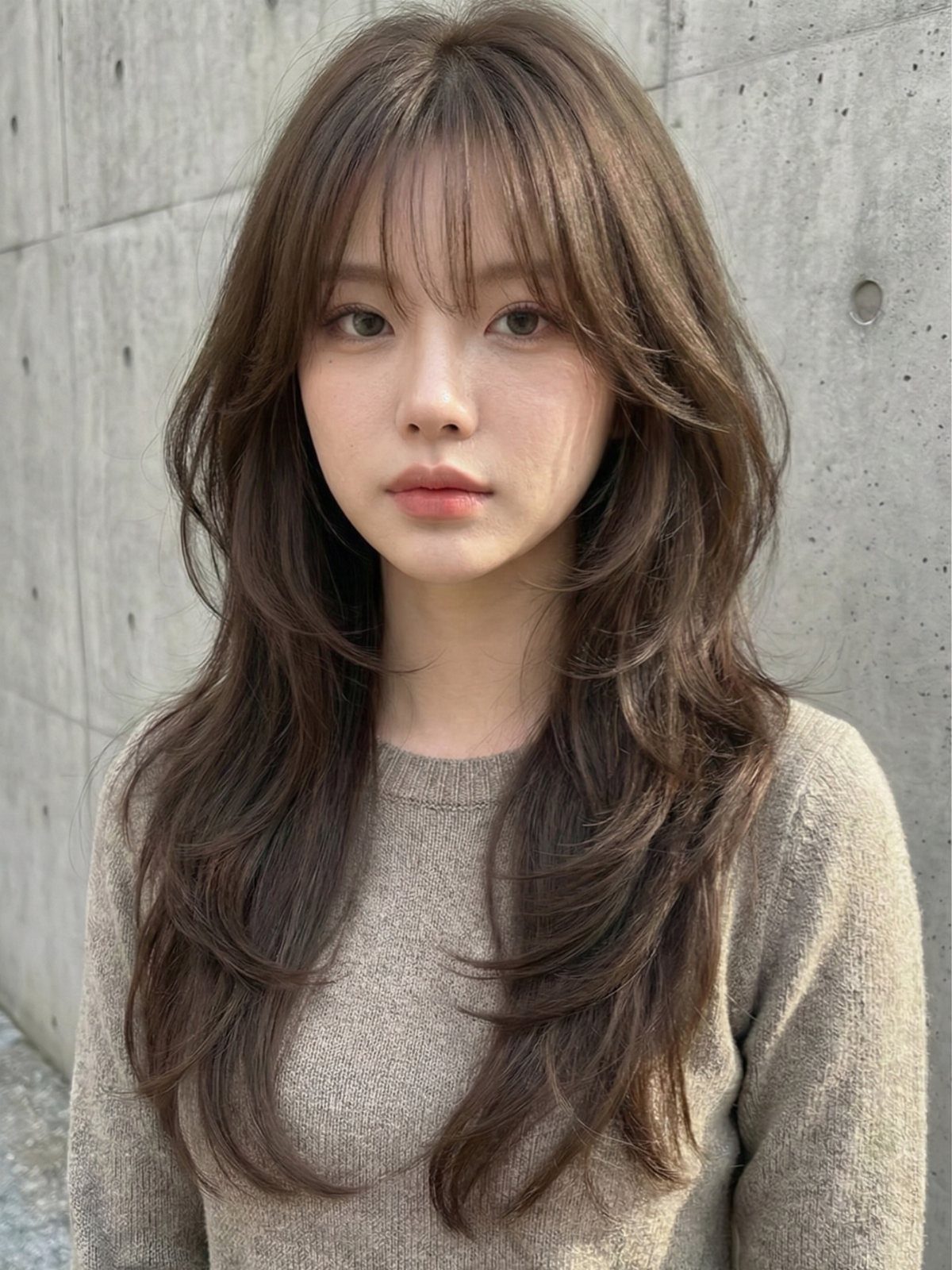 Woman with long, softly waved brown layers and near-center-parted wispy bangs