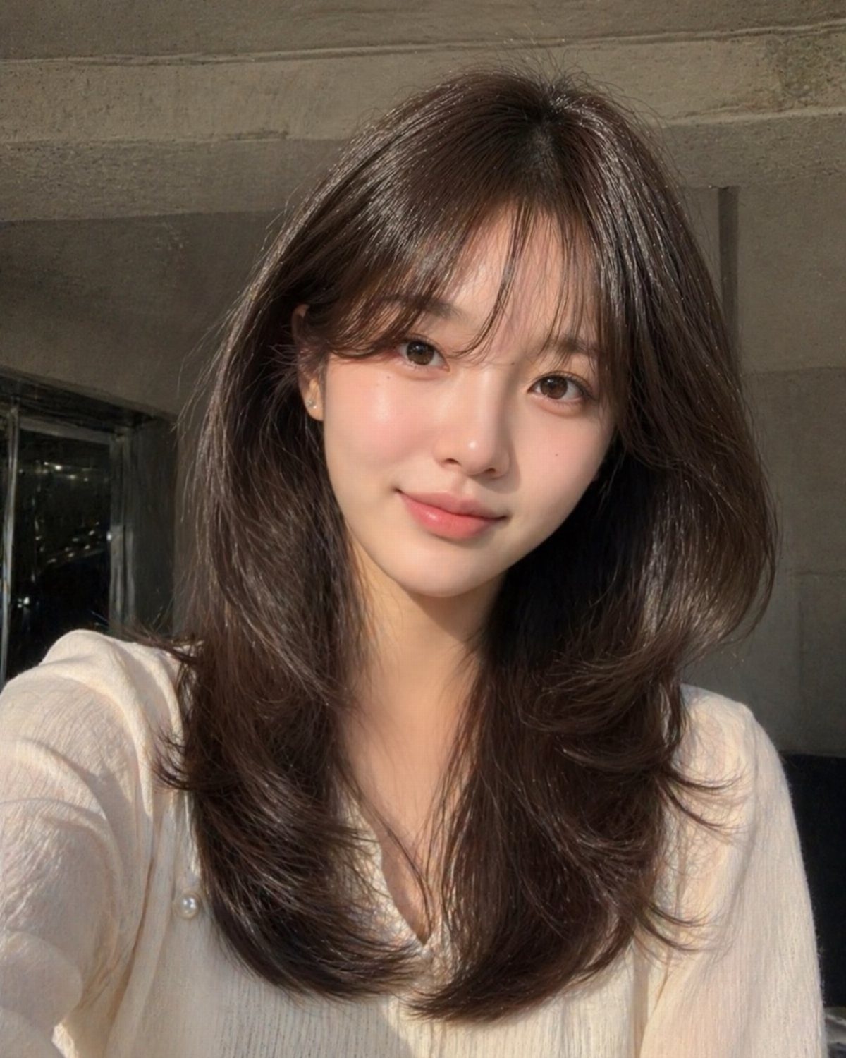 Woman with long, softly layered dark hair and wispy bangs