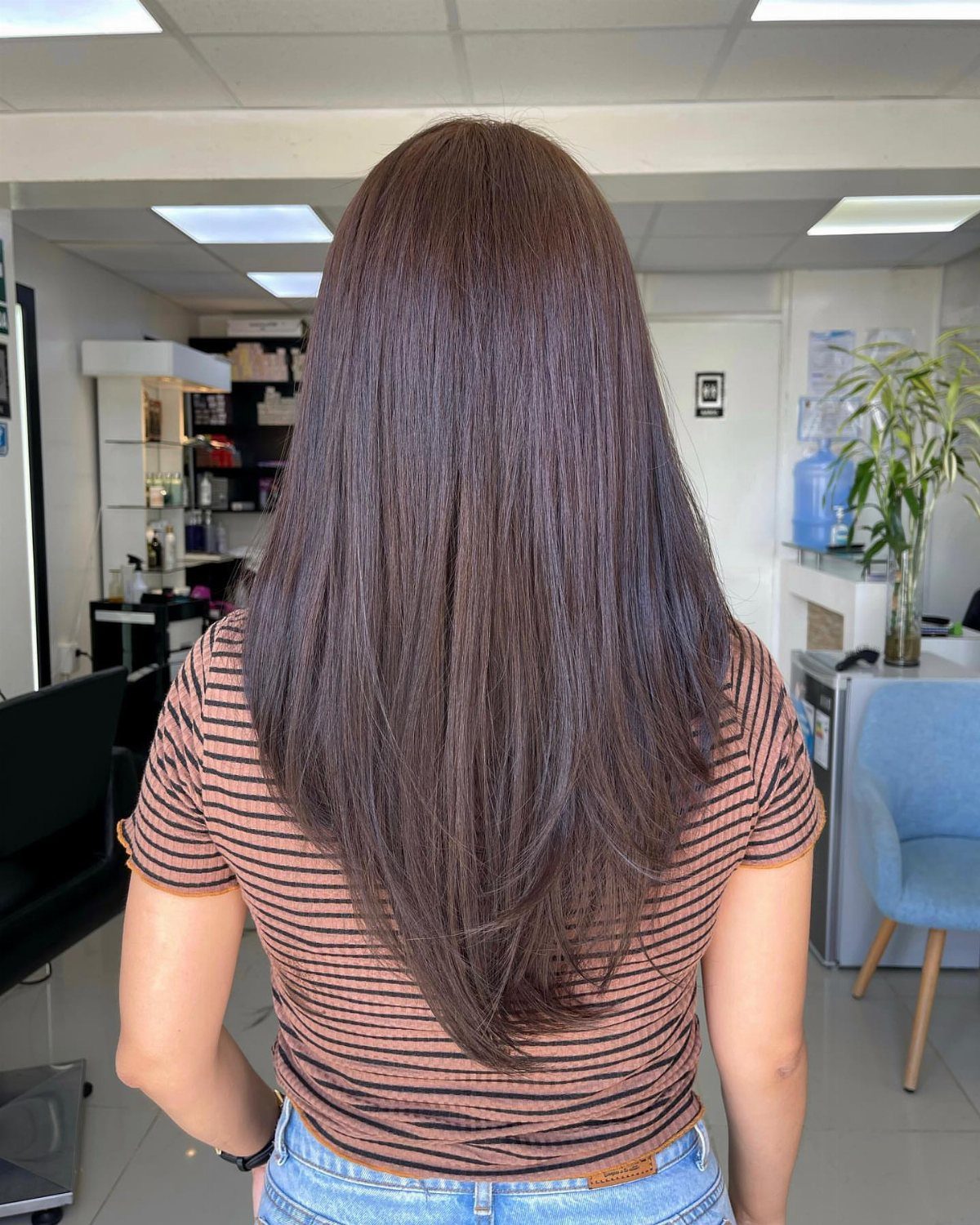 Long dark hair with layered ends tapering into a V-shaped point