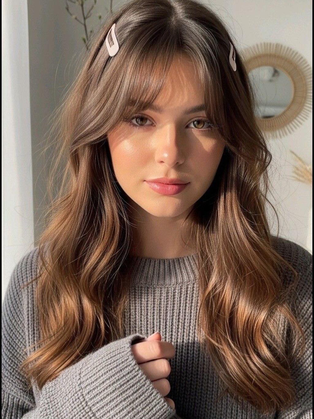 Woman with long wavy brown hair and cascading face-framing bangs