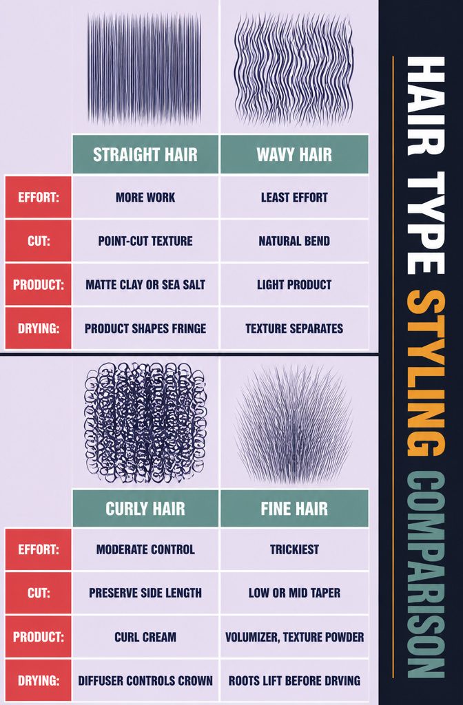 Hair type comparison showing straight wavy curly and fine hair