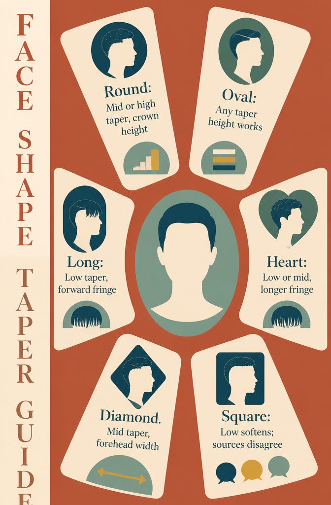 Face shape guide linking round oval and long faces to taper styles