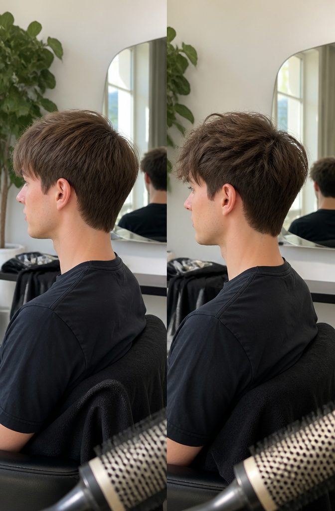 Blowout fringe with lifted crown beside a flat blunt crop