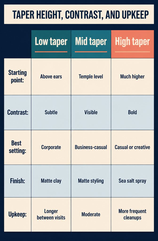 Taper height comparison showing low, mid, and high side profiles