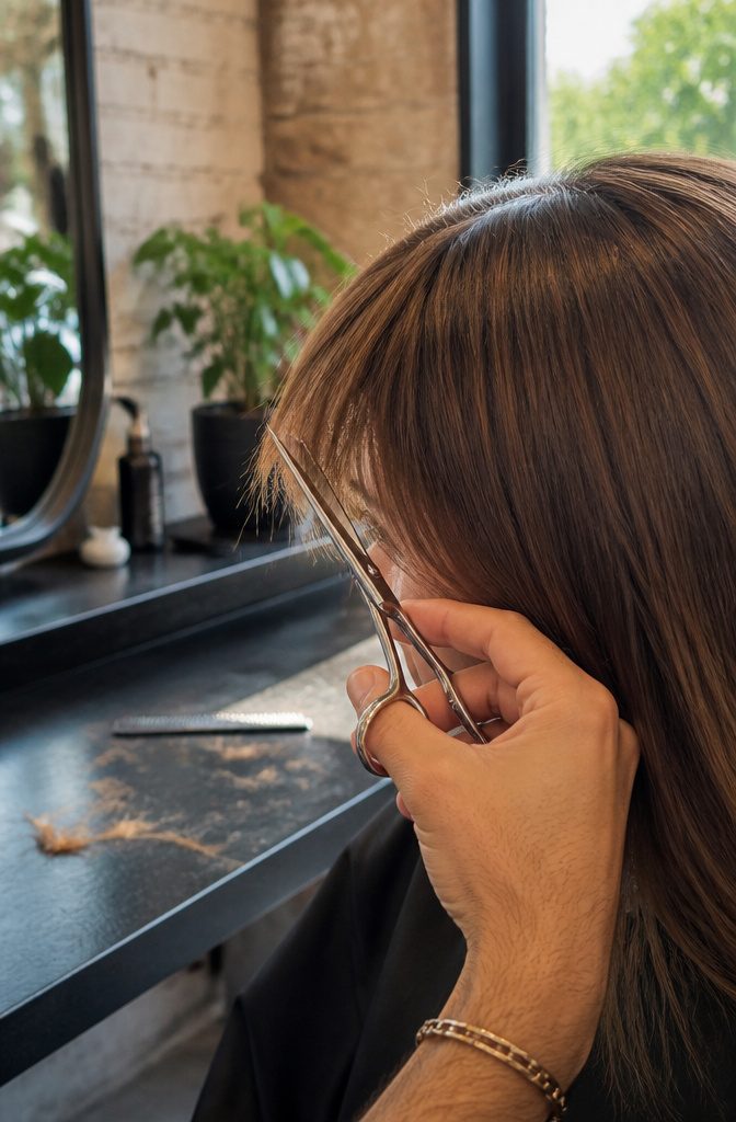 Barber point-cutting uneven ends into a model's fringe