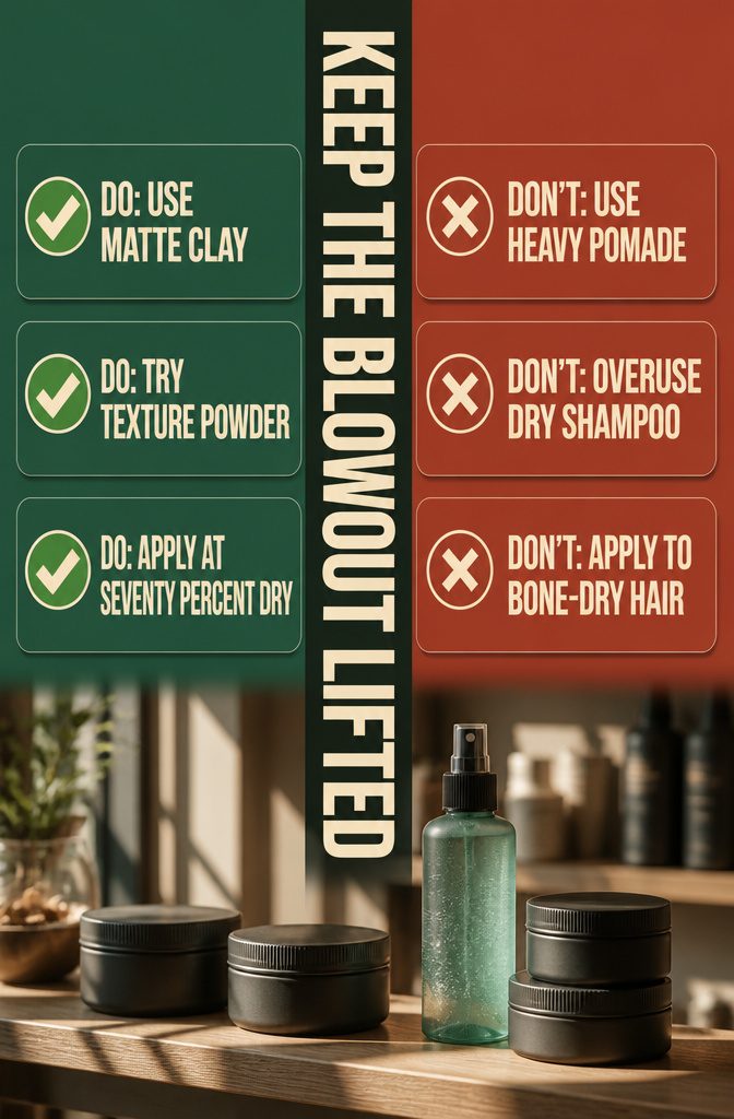 Styling guide showing products for a lifted crown and textured fringe