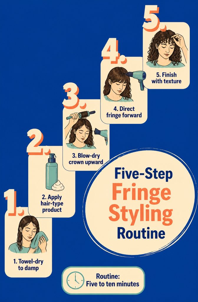 Five-step routine for damp hair with crown lift and forward fringe