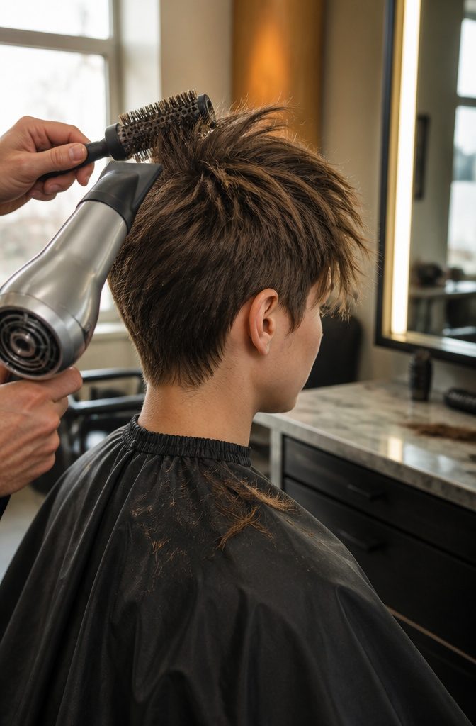 Textured fringe over a lifted crown with gradually tapered sides
