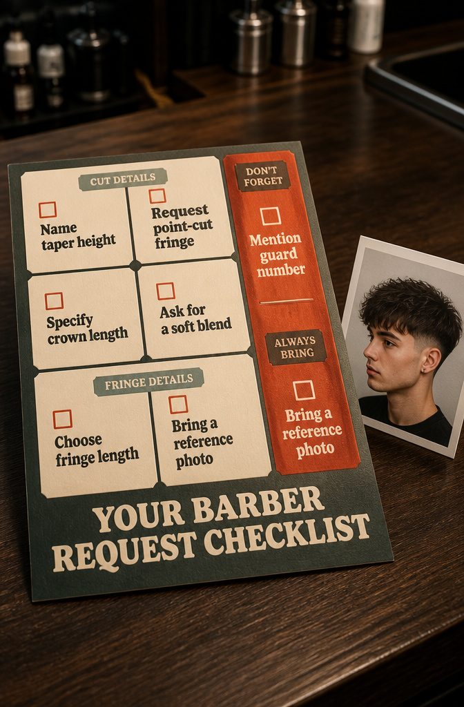 Barber request checklist listing taper fringe crown and blend details
