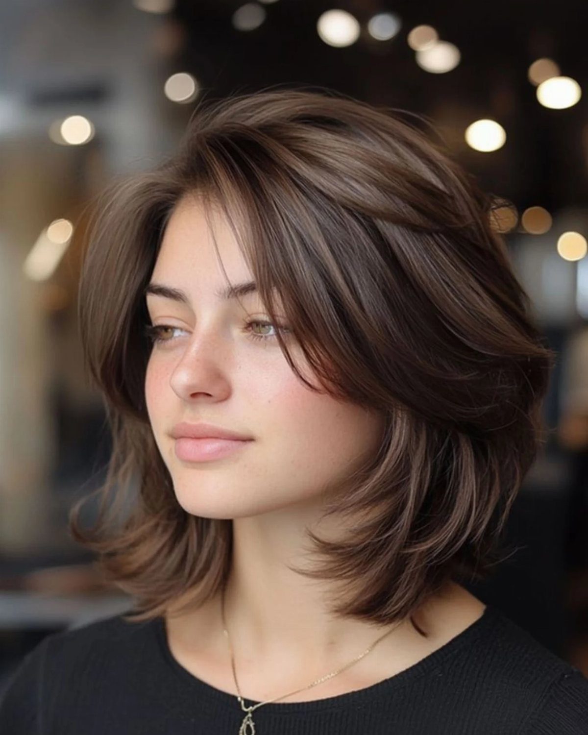 Woman wearing a layered brown bob with outward-flicked ends and side-swept bangs