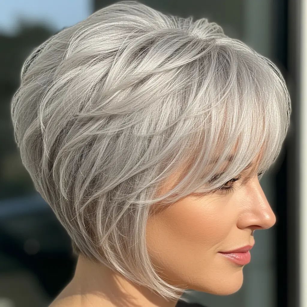 Silver-gray layered bob with sweeping bangs and longer front strands