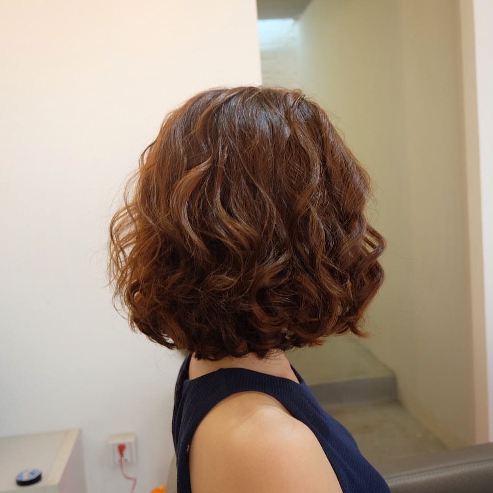 Curly brown bob styled in a rounded shape at the nape