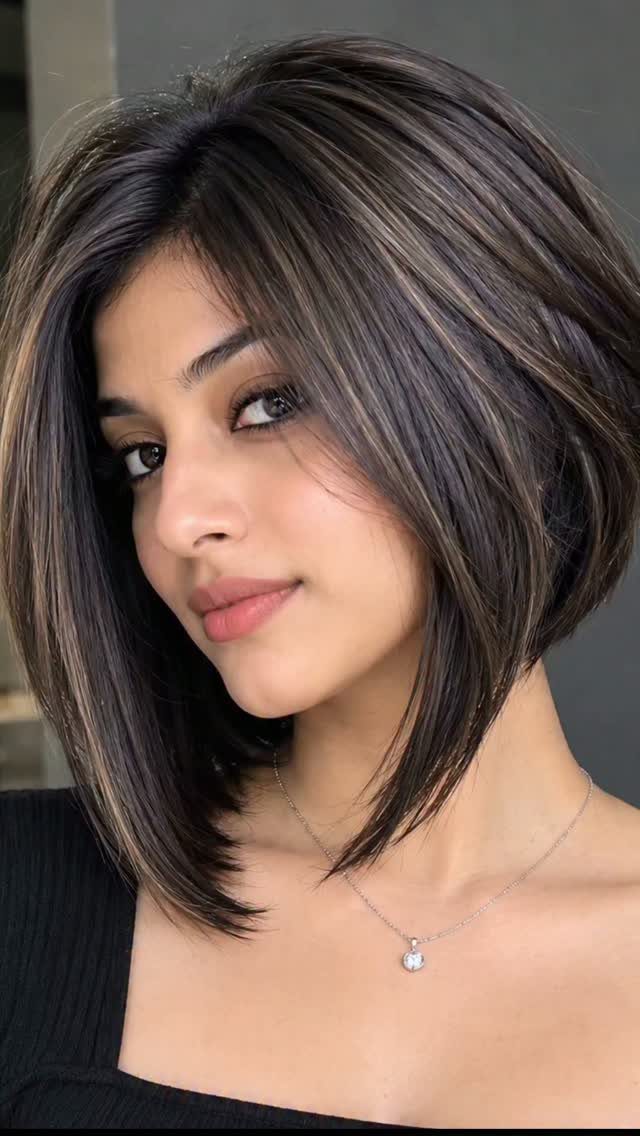 Woman with a highlighted, layered bob cut falling around her chin and neck