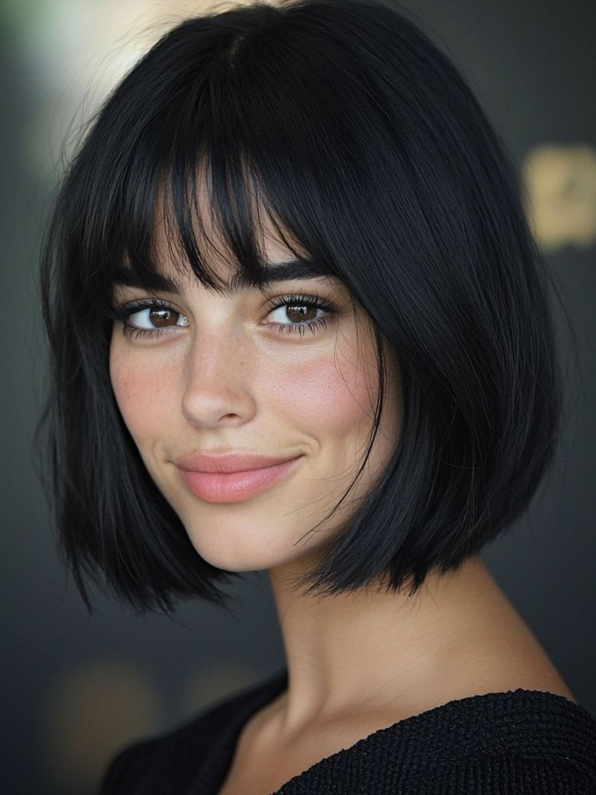Woman showcasing a short black bottleneck bob with wispy bangs