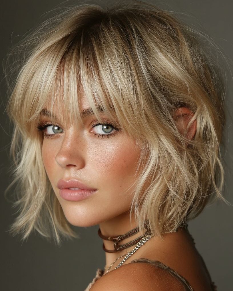 Woman with a tousled wavy blonde bob and parted, face-framing bangs
