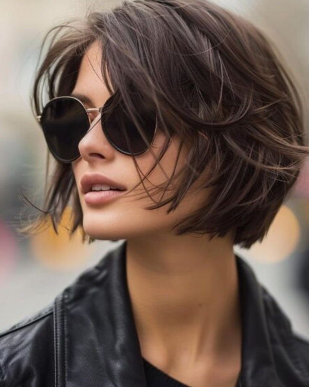 Woman with a tousled short dark bob and wispy bangs wearing sunglasses
