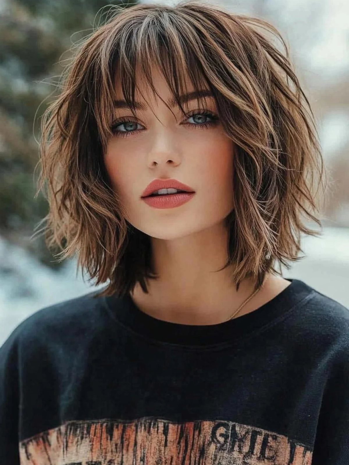 Woman with a tousled brown bob haircut and wispy bangs wearing a black shirt