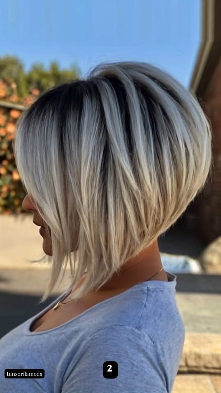 Angled silver-gray bob with layered crown and longer front pieces
