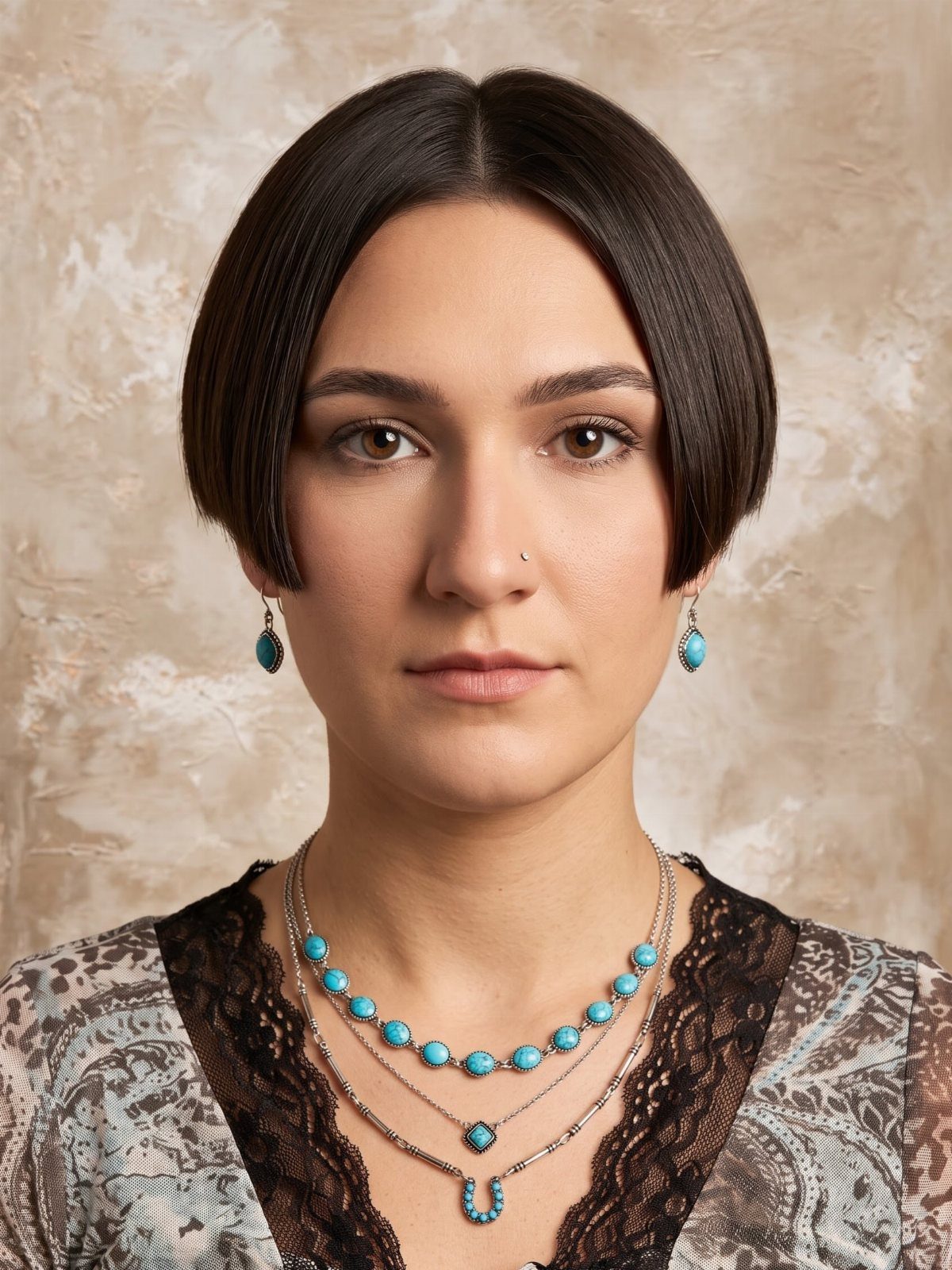 Woman with a sleek, center-parted chin-length bob and turquoise jewelry