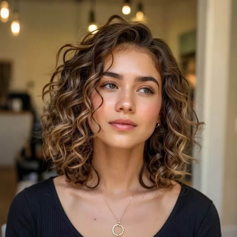 Woman showing a voluminous shoulder-length curly bob with highlighted brown curls