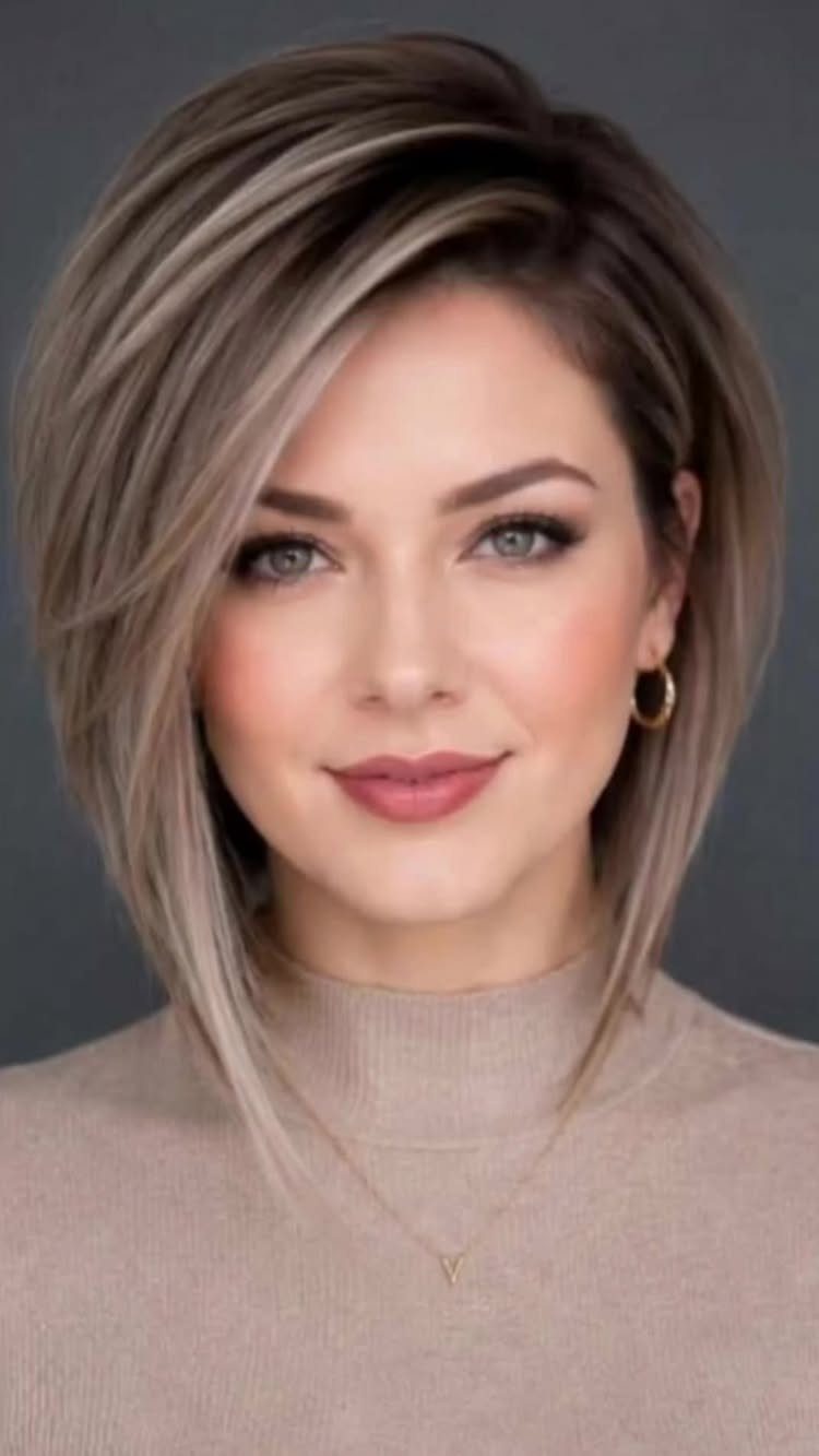 Woman with a highlighted, layered shoulder-length bob and side-swept bangs