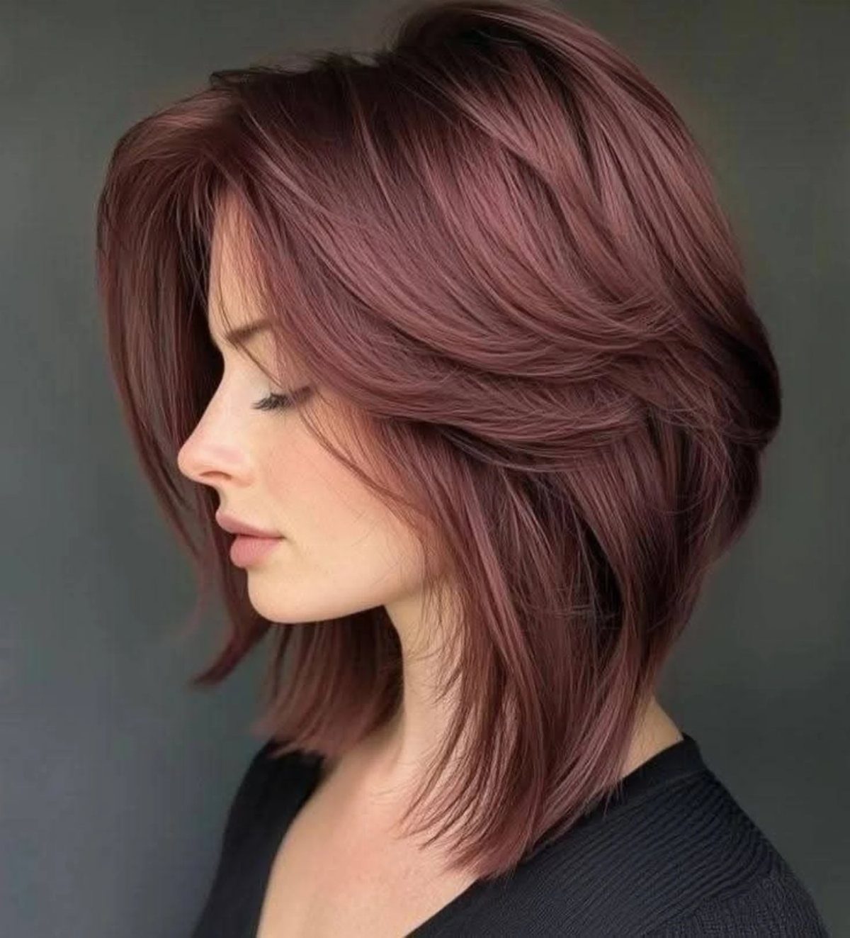 Woman showing a voluminous side-swept mauve layered bob haircut