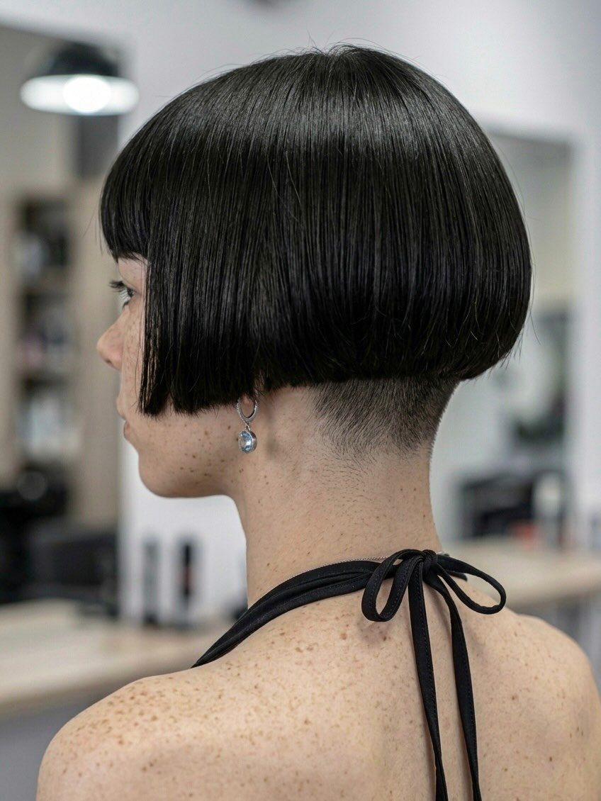 Rounded dark pixie bob with a closely cropped nape at a salon