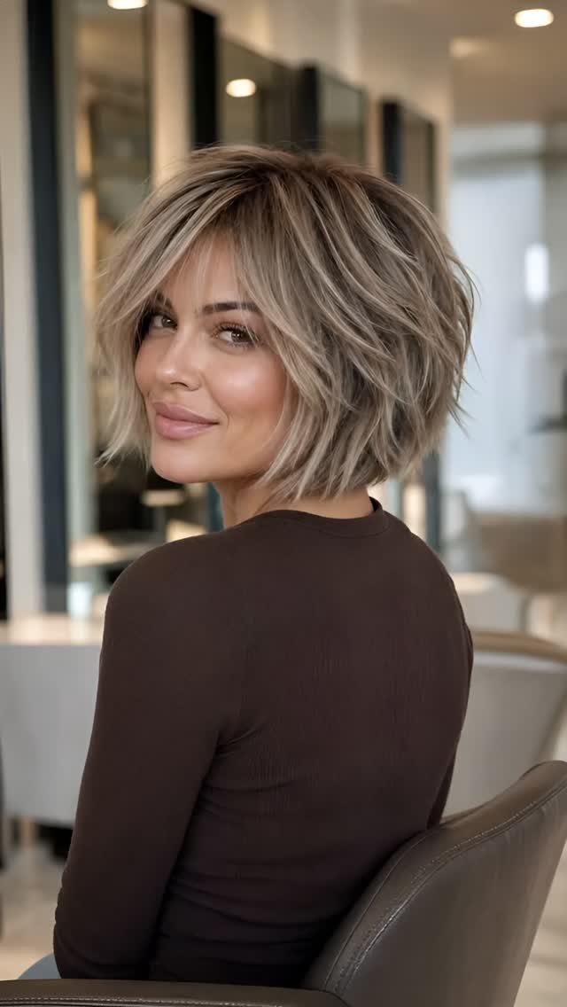 Woman showing a tousled, wavy blonde shag with razored layers