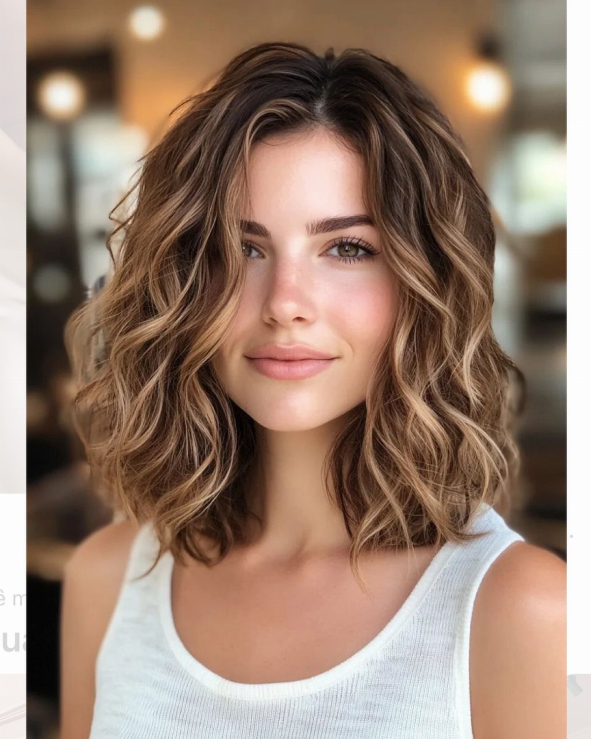 Woman with highlighted shoulder-length hair styled in loose textured waves