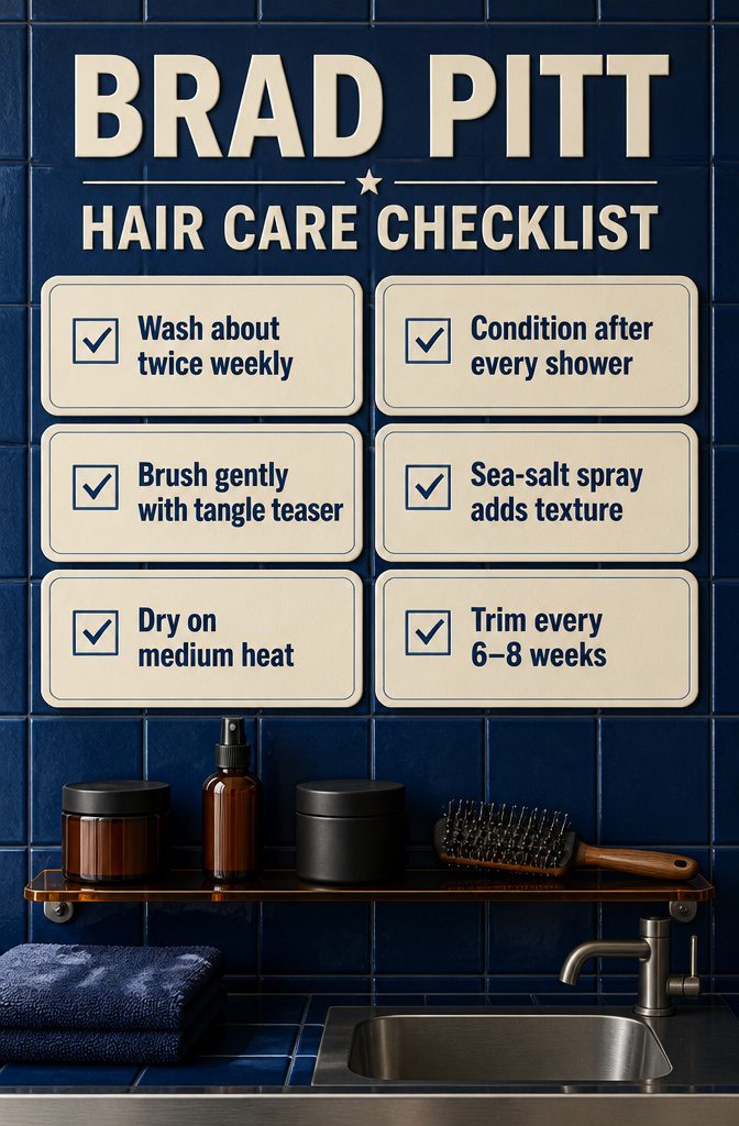 Brad Pitt hair care checklist with washing and styling advice